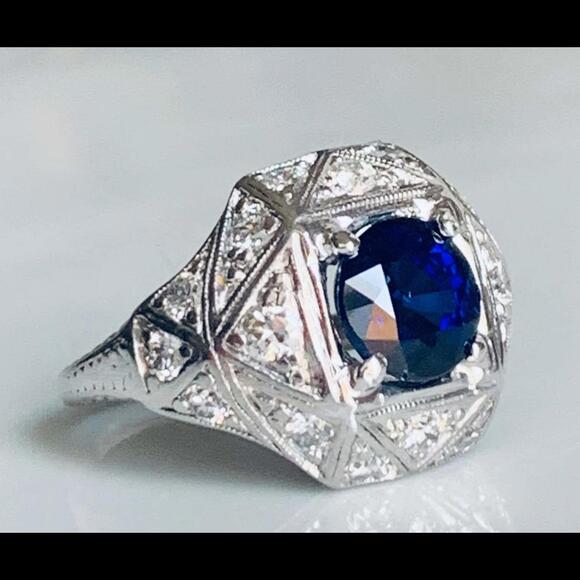 Jewelry - Sapphire Ring Platinum Old Cut Diamond Edwardian Engagement Ring Platinum 1910s
